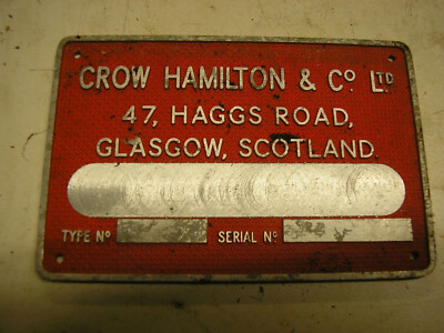 Cast aluminium makers plate Crow Hamilton & Co Glasgow. Machine tool makers.
