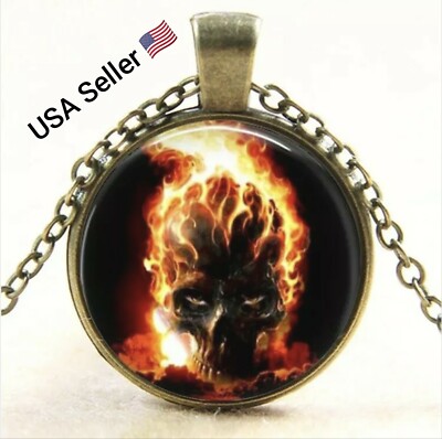 New Ghost Rider burning Skull Glass pendant necklace vintage