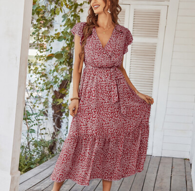 Tie Front V-Neck Short Sleeve Floral Print Women's Long Midi Dress | eBay