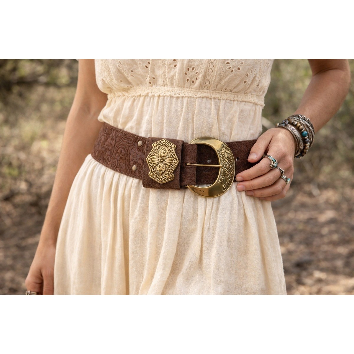 Brown Boho Western Statement Belt with Brass Medallions Brown Medallion Belt – Farm Girls Fancy Frills main image 2