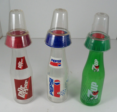 Lot Of 3 Munchkin 1990s 6 oz Soda Baby Bottles Dr. Pepper, 7up, Pepsi with Caps