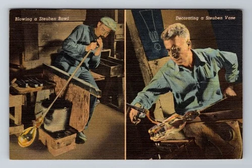 Corning NY-New York, Glass Blowers Making Steuben Glass, Vintage c1958 Postcard