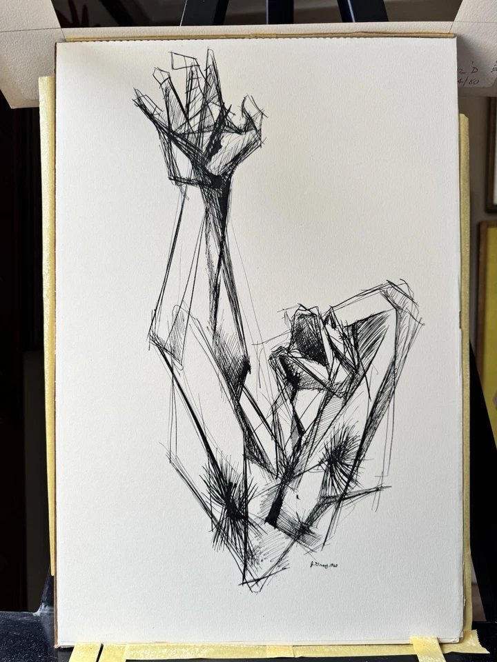 Arte expresionista abstracto modernista vintage original 1960 mediados de siglo J. Gris Foto 3 de 4