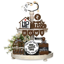 11 Pieces Farmhouse Tiered Tray Decor Home Wood Sign Rustic Simply Blessed Wo...