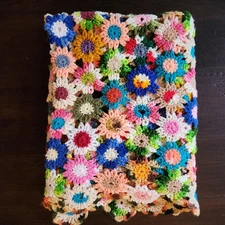 Vintage 60s Flower Crochet Afghan Blanket Handmade Flower Granny Throw 53.5x 36"