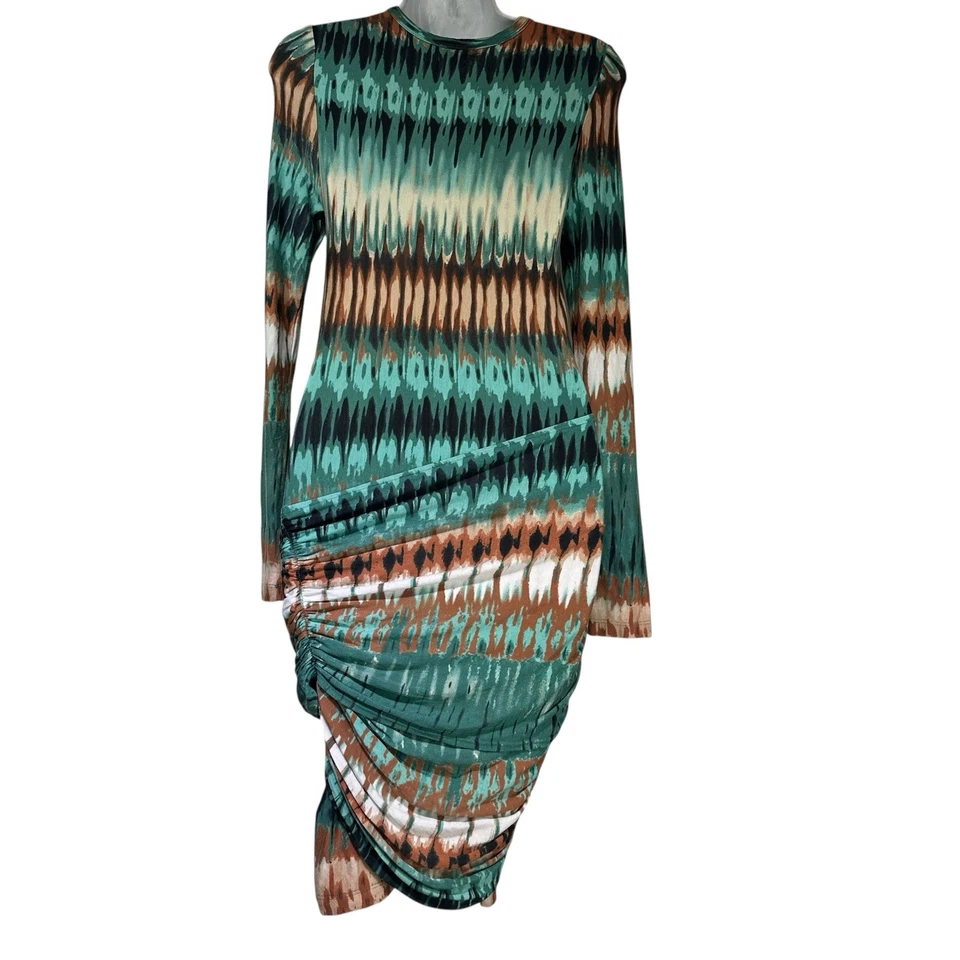 Torn by Ronny Kobo Ikat Bodycon 长袖迷你连衣裙绿色棕色褶皱 S 码 — 第 2/4 张图片