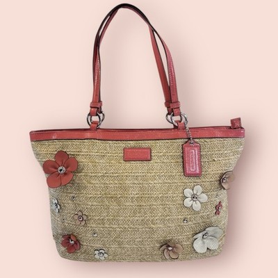 COACH Y2K Vintage Straw Floral Appliqué Tote Leather Accent