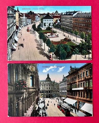 2 x AK CHEMNITZ 1914/15 Theater Strasse und Königsstrasse Strassenbahn  ( 173667
