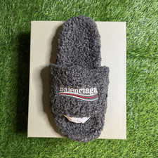 Balenciaga Men's Gray Faux Fur Lined Logo Slide Slippers US 11 New in Box