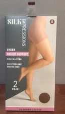 Sheer Impressions 2 Pair Pantyhose Medium Support Sz Small 30 Denier Cocoa