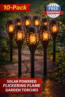 10 Pack Solar Flame Torch Lights Outdoor Garden Path Stake 8in Lamp 20in Height