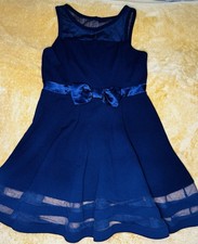 Calvin Klein Girls Size 14 Gorgeous Navy Blue Mesh Detail Bow Belt Dress NWOT 