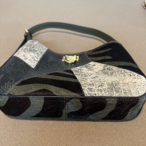 Lauren Ralph Lauren Falynn Patchwork Medium Shoulder Bag Olive Zebra New W/ Tags - Picture 3 of 10