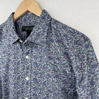 BLOOMINGDALES Shirt L The Mens Store Floral Button Up Long Sleeve Cotton Blue