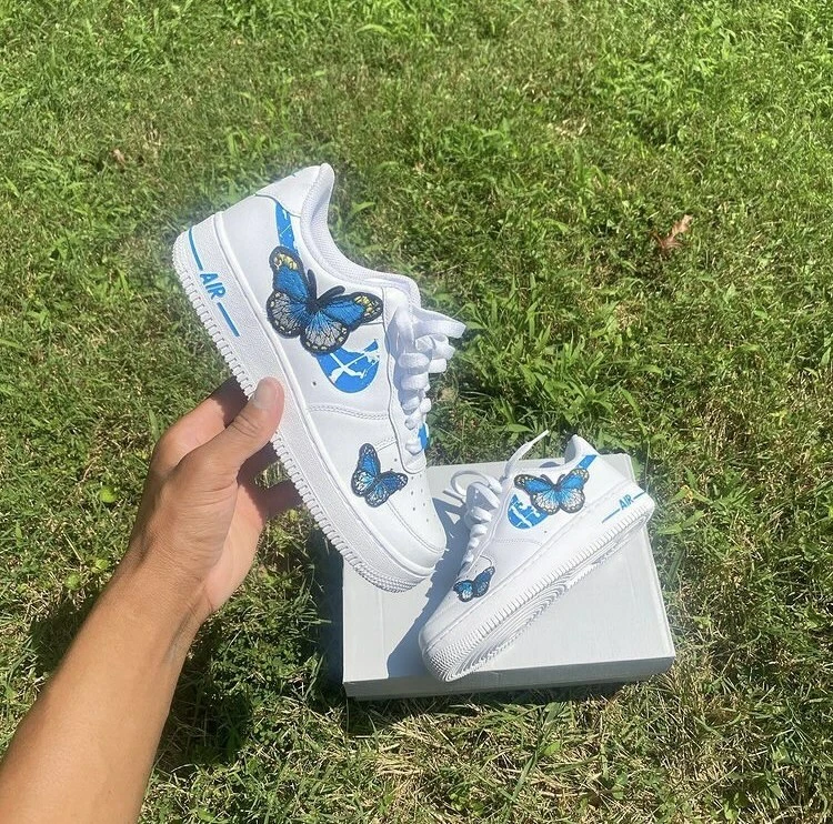 Nike Air Force 1 Custom Low Blue Splatter Butterfly White Shoes Mens Womens Kids