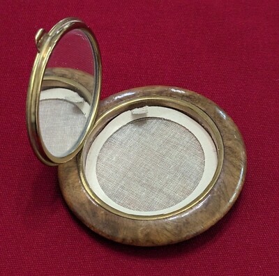 Vtg Wood MOP Look Celluloid Round Powder Compact Mirror Made In USA  2 7/8''  
