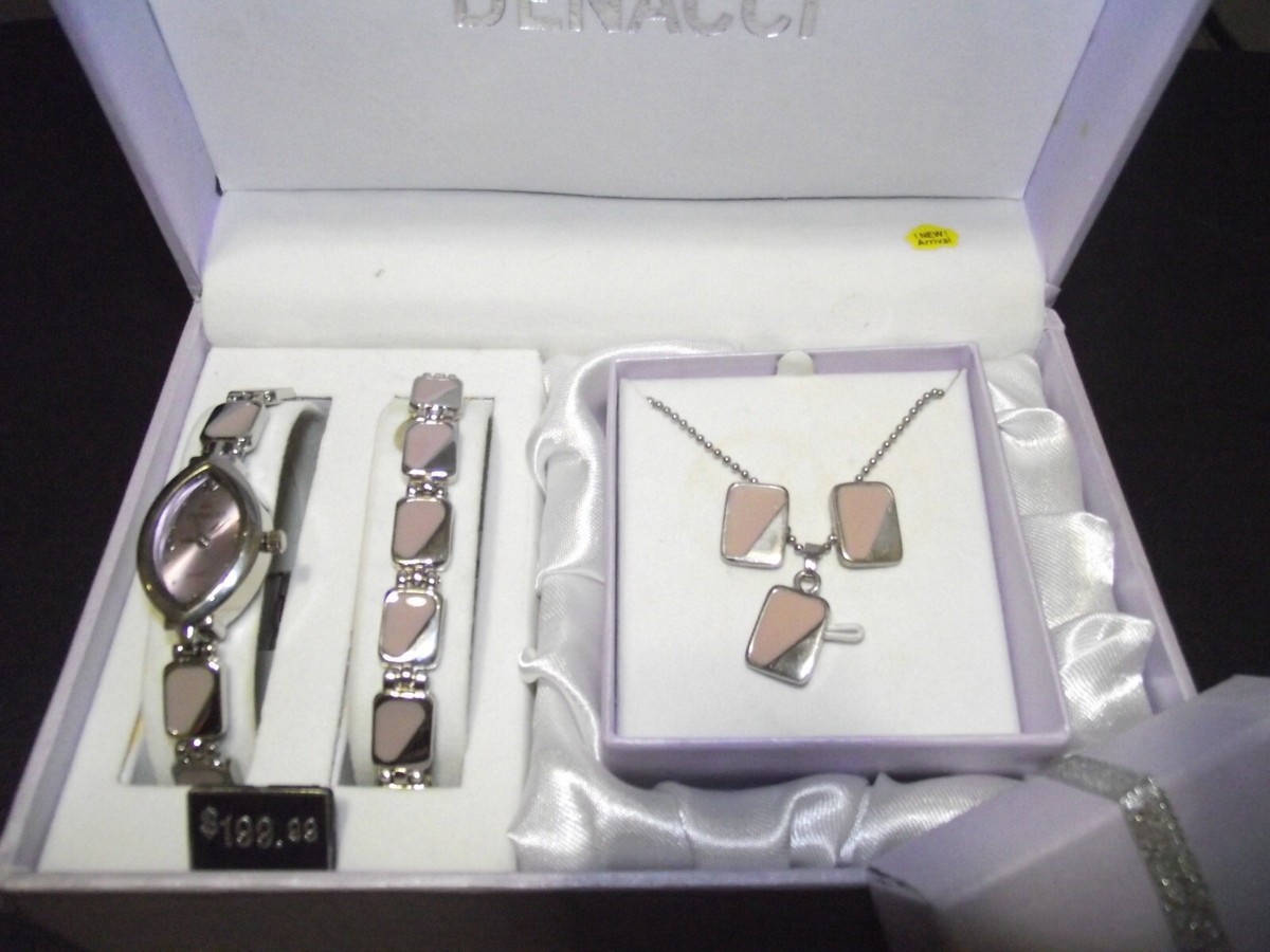 NEW Denacci Women's Watch Bracelet Necklace Earrings SET Pink
