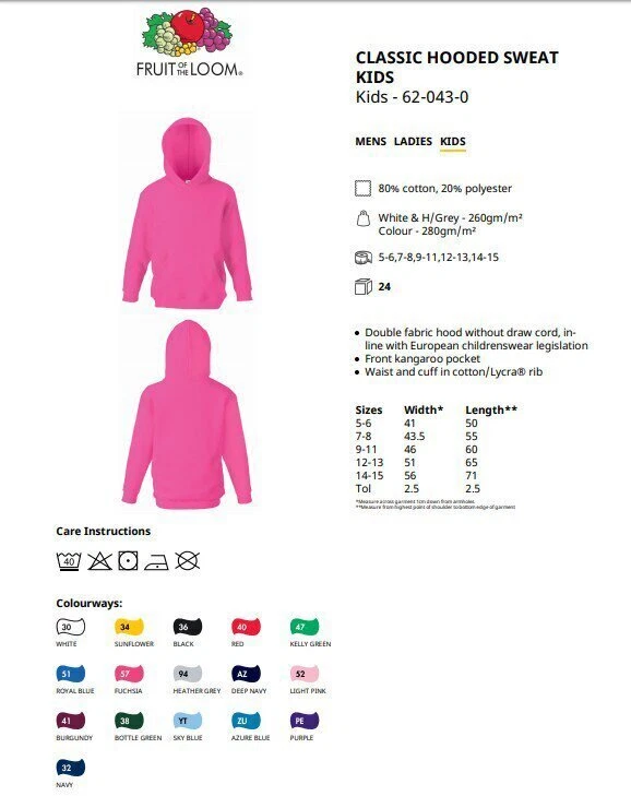 Kids Classic Hooded Sweatshirt Fruit of The Loom boys girls