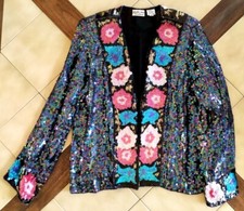 JUDITH ANN CREATIONS Iridescent Black Sequined Floral Silk Evening Jacket S 