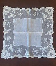 OLD wedding hanky voile embroidered mesh schiffli lace Floral White