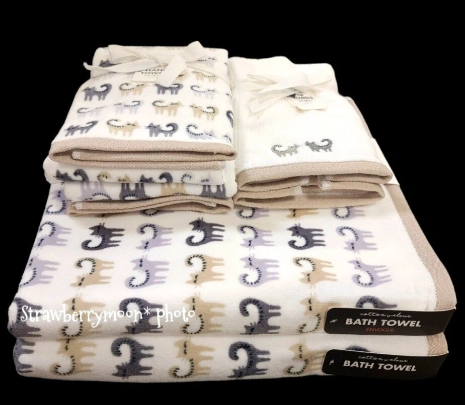 Juego de toallas con punta de mano de baño para gato de Halloween de 6 piezas 100 % algodón tostado negro gris NUEVO Foto 4 de 4