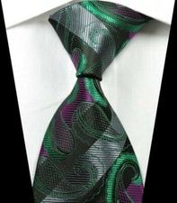Hot Classic Paisley Green Gray Purple JACQUARD WOVEN 100 Silk Men's Tie Necktie