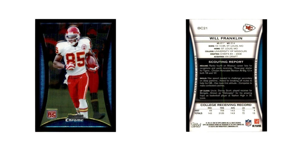 2008 Bowman Chrome Will Franklin RC Football Cards #21 - Image 3 of 3