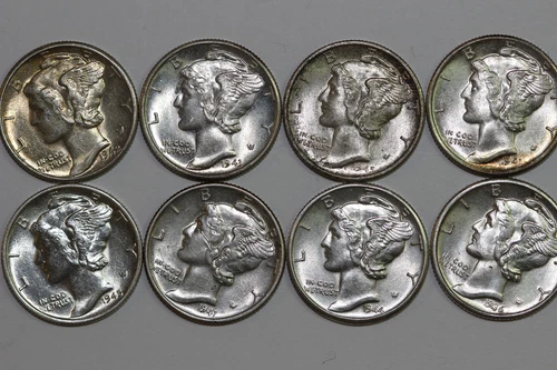Group Of 8 Grades AU/BU Mercury Winged Liberty 90% Silver Dime (NUM4863)