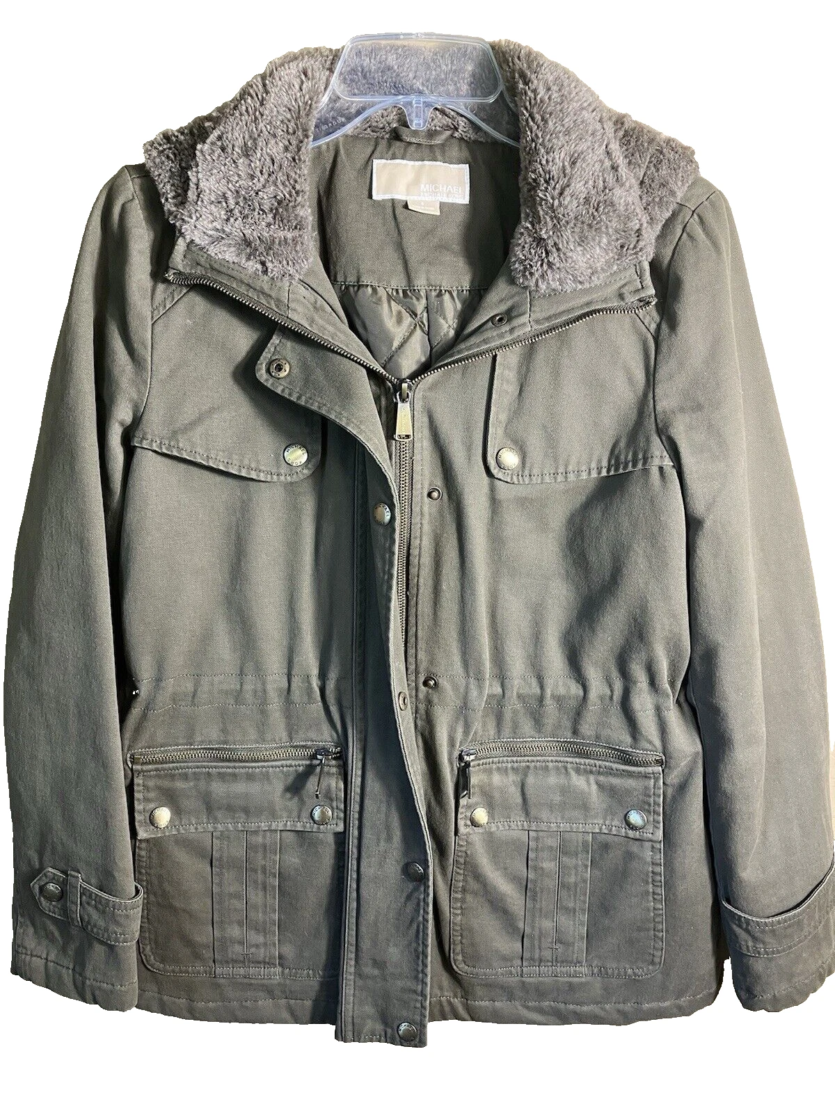 Giacca donna MICHAEL KORS piccola chore snap verde pelliccia cappuccio foderato twill zip intera
