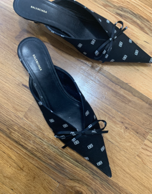 BALENCIAGA KNIFE MULES SIZE 37.5 BB LOGO SATIN ONLY USED THREE