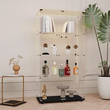 2 Doors LED 4-Shelf Glass Display Cabinet, 65"H Removable Curio Cabinet w/Wheels