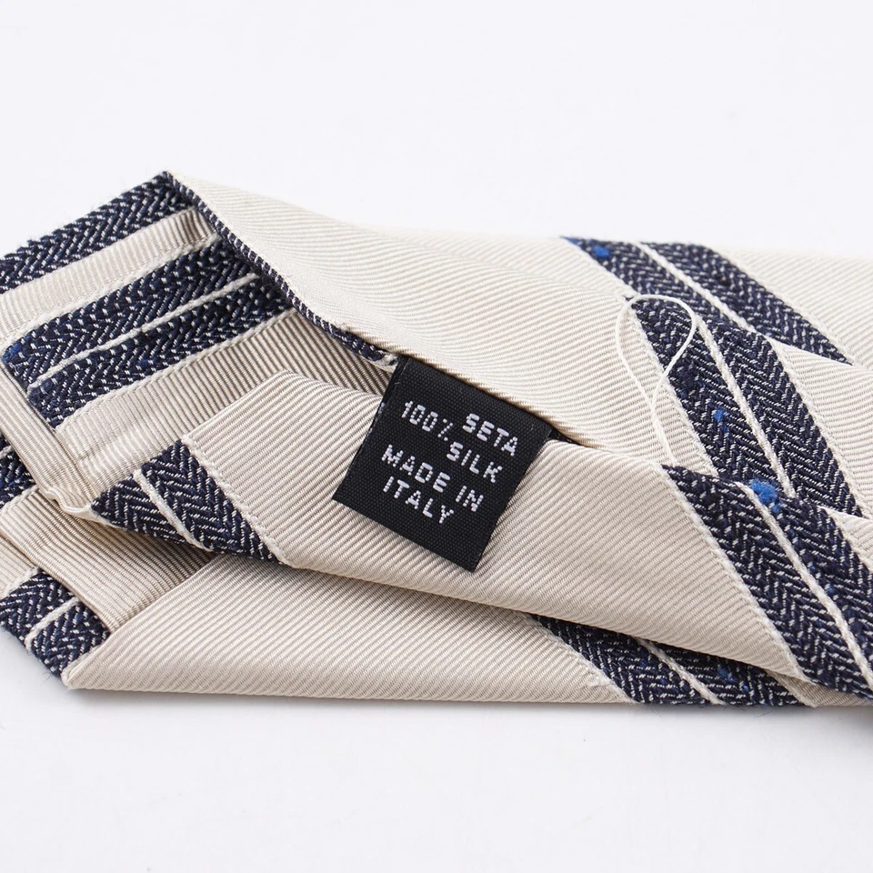 Luigi Borrelli Napoli Estrecha 2.25" Crema Sarga con Corbata de Seda a Rayas Azul Marino Foto 4 de 4