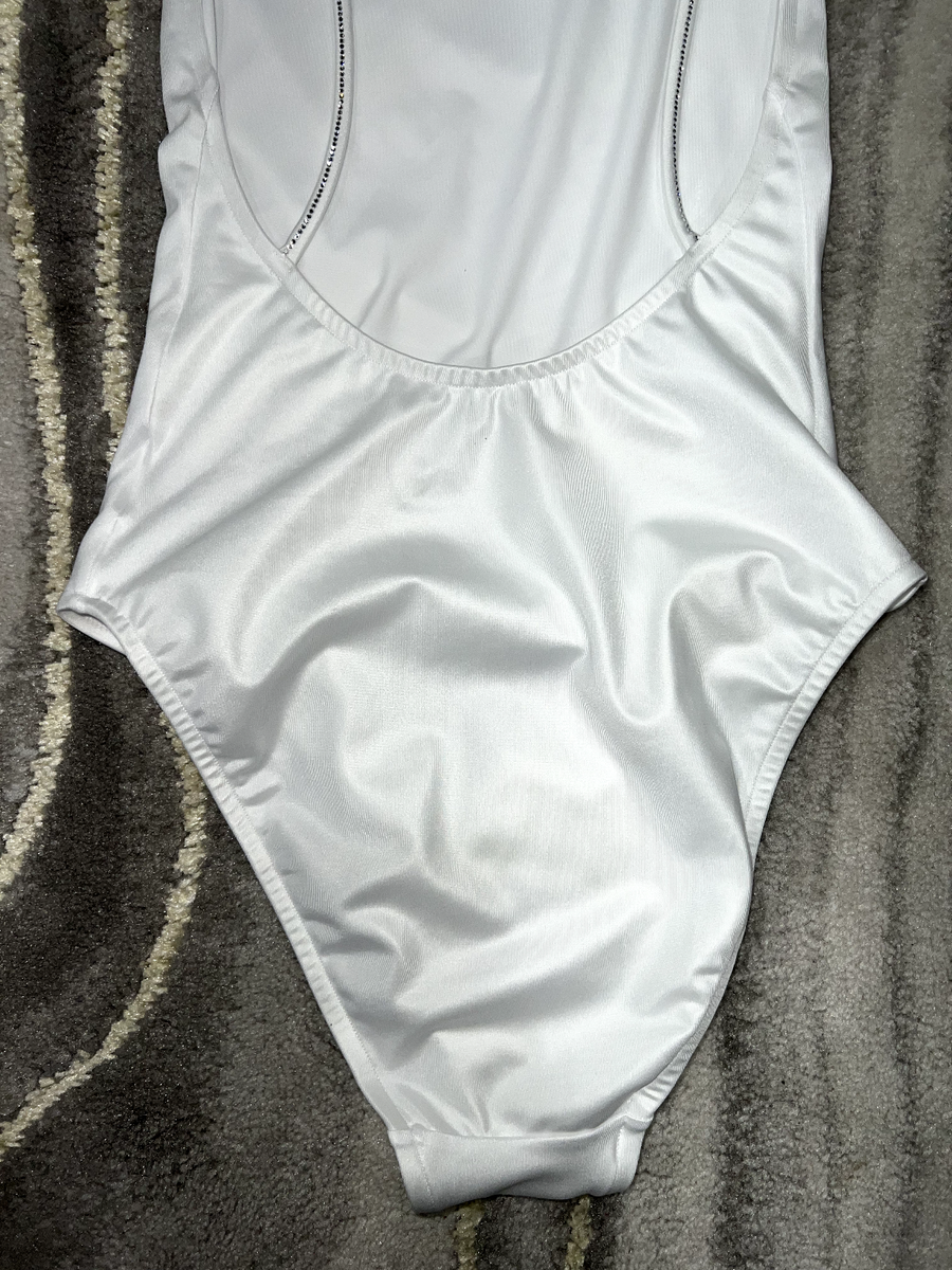 Chanel 23C White Silver Crystal CC Logo One Piece Swimsuit