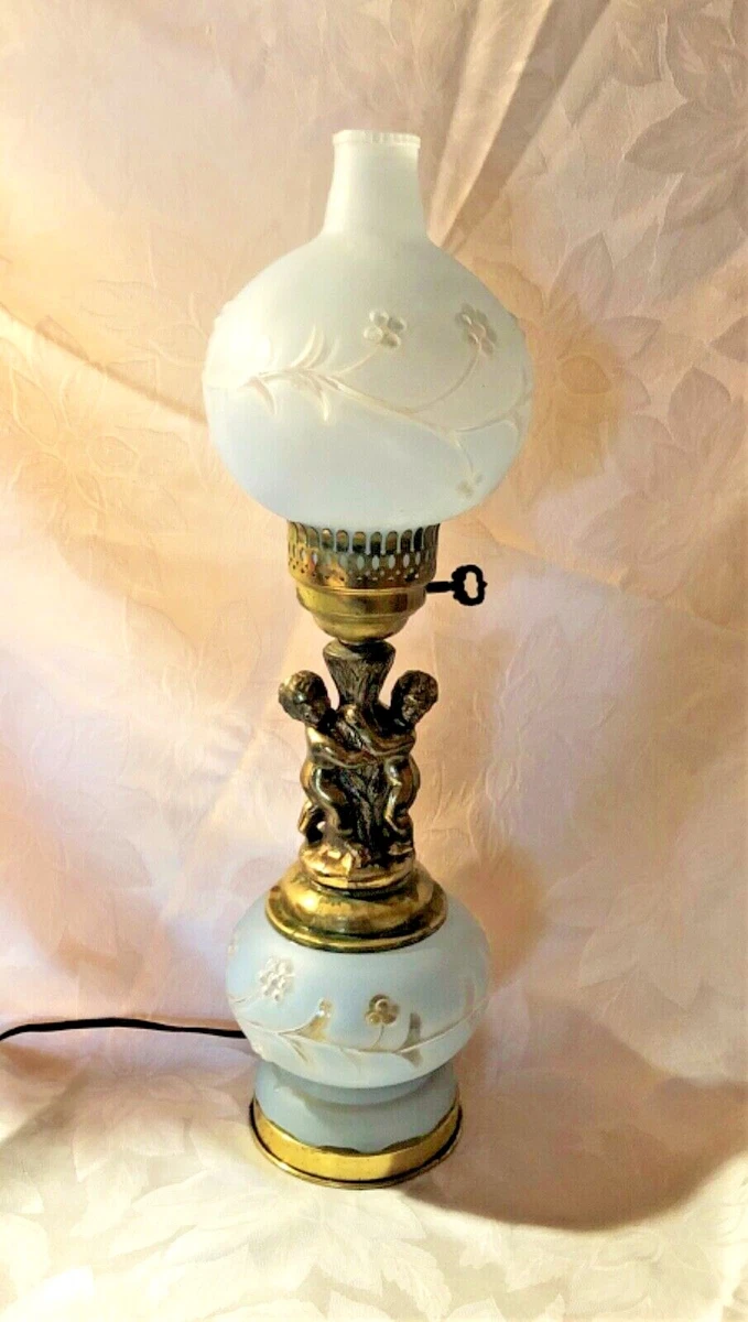 VTG VICTORIAN Brass cherub Blue Floral Roses Double Globe Lamp Glass 21