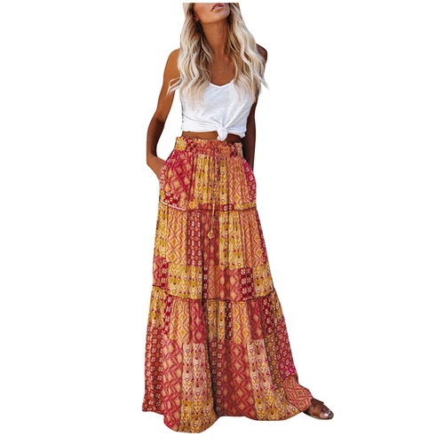 Bohemian Rock Patchwork Langrock Boho Ethno Print Maxi Retro A-Linie Plissee - Bild 35 von 40