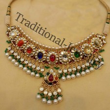 INDIAN ANTIQUE 22KGOLD AWESOME JADAU NECKLACE NAVARATAN STONE NECKLACE PENDANT