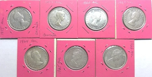 Lot Of (7) 1955 1957 1960 1963-66 AU-Canada 50 Cents  80% Silver Half Dollar