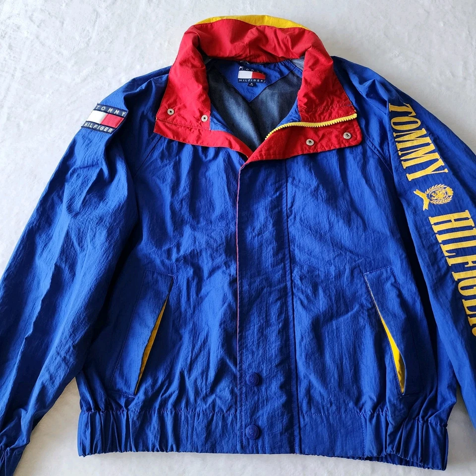 VTG Tommy Hilfiger Jacket Medium Navy Red 90s RARE Spellout Logo Preppy Wu Tang - Image 3 of 4