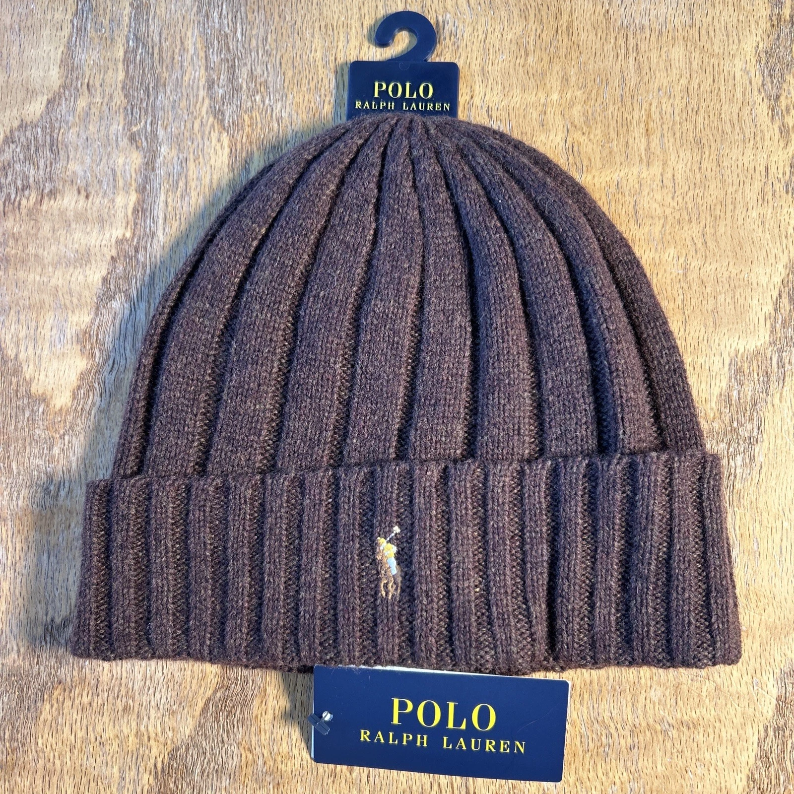 Polo Ralph Lauren Dark Brown Heather Wool Blend Ribbed Cuff Beanie Men One Size