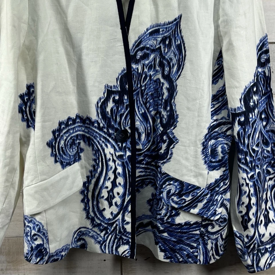 Chicos Jacket Women 2 US Large White Blue Paisley Coastal Resort Beach Lagenlook - Image 3 of 4