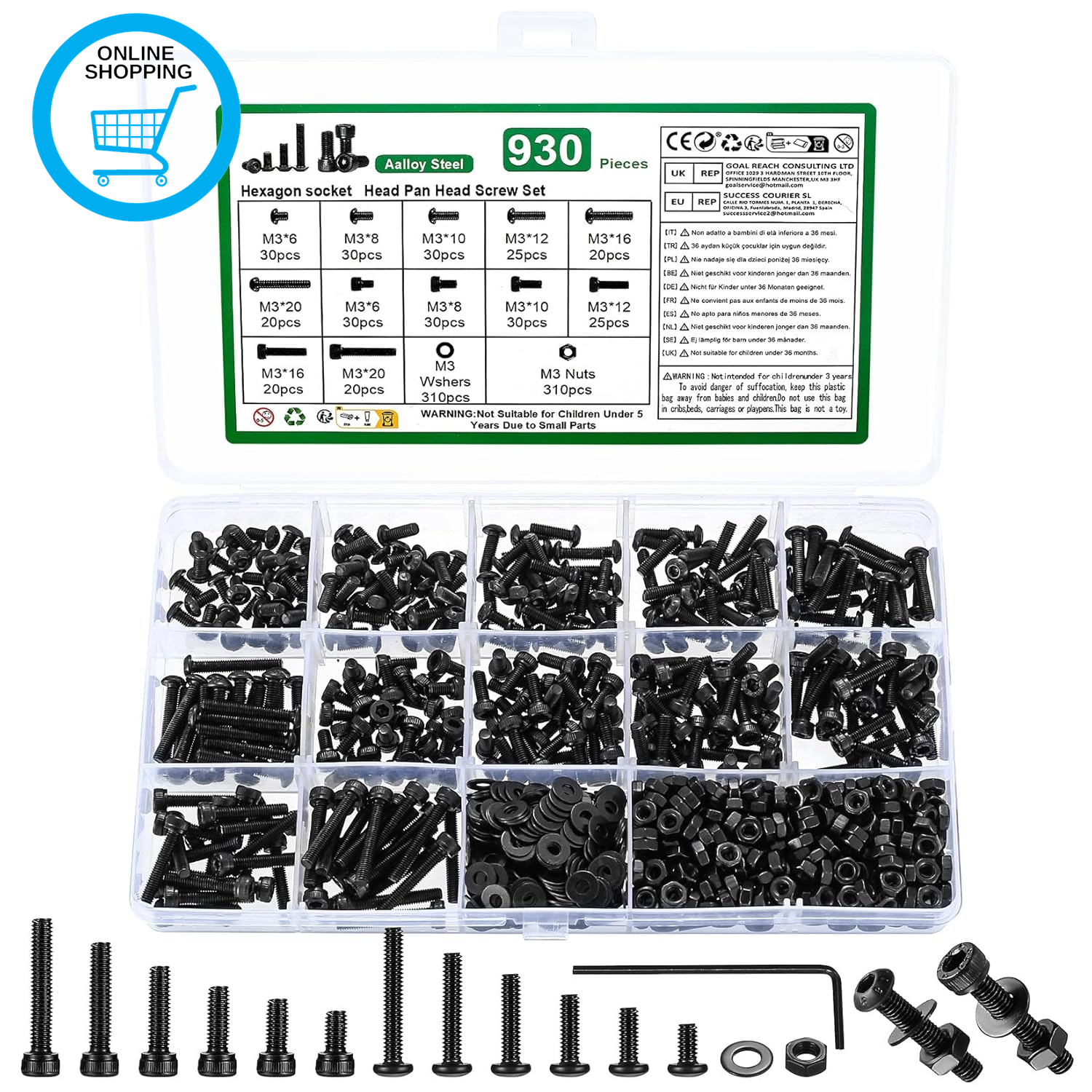 930 Pcs M3 Bolts and Nuts Set with Washers, Hex Socket Head Cap Screws Bolt Set