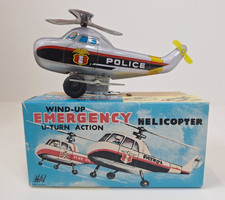 Vintage Tin Toy Emergency Helicopter Wind Up Japan Made Hero Police w/ Box 6"