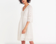 Madewell White Eyelet Lattice V-Neck A-Line 3/4 Sleeve Dress Size 6 $168.99
