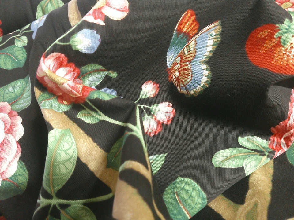 Винтажный цветочный P Kaufmann черный молотый розовые/синие/зеленые/красный хлопок смесь лоза - Изображение 4 из 4