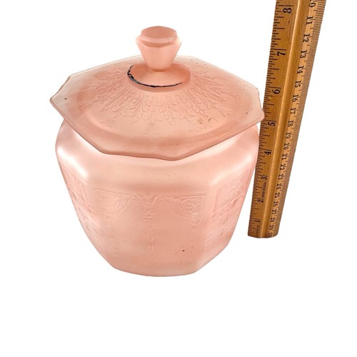 Vintage Pink Satin Depression Glass Frosted Princess Cookie Biscuit Jar Lidded - Picture 15 of 16