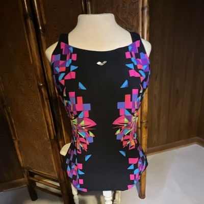 arena Womens One Piece Wing Back Swimsuit Geometric Black Multicolor 44