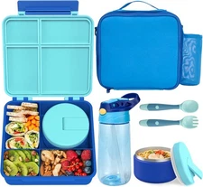 Kids Bento Lunch Box with 8oz Soup Thermo, Water Bottle, Leakproof Blue 