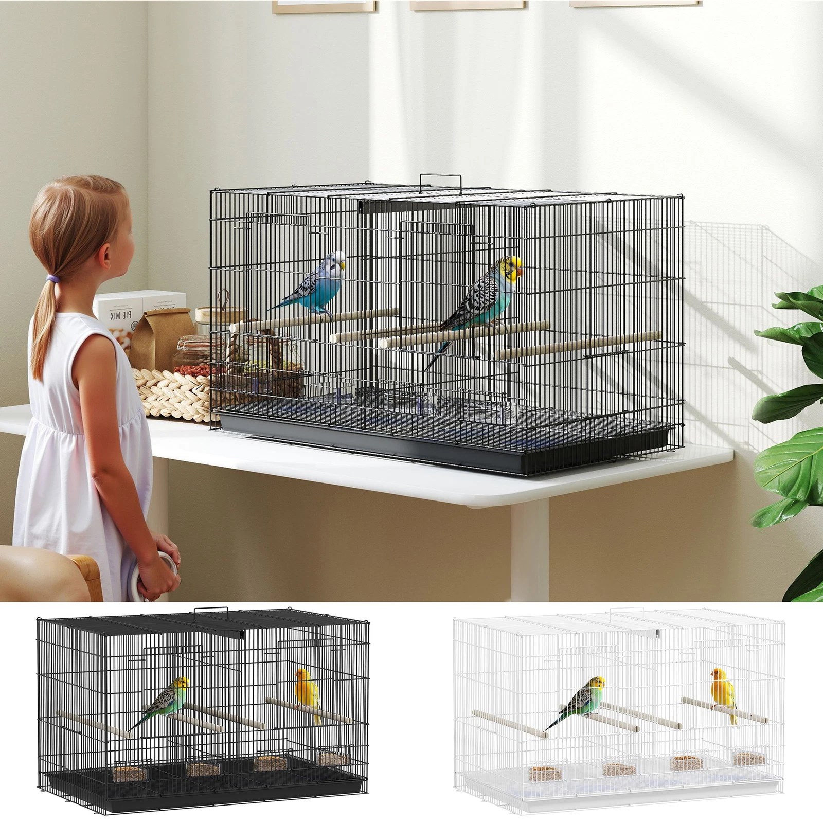 PawHut Bird Cage with Divider, 4 Wooden Perches, Slide Out Tray