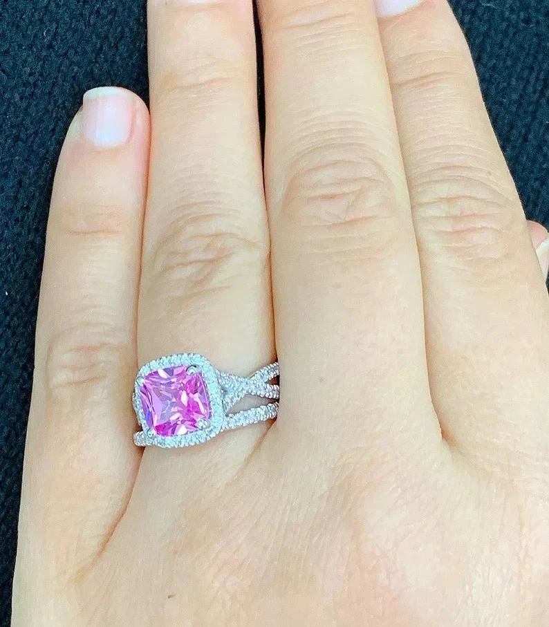 Anillo de compromiso de oro blanco sólido de 18 quilates con diamantes de zafiro rosa natural de 3,00 quilates Foto 3 de 4