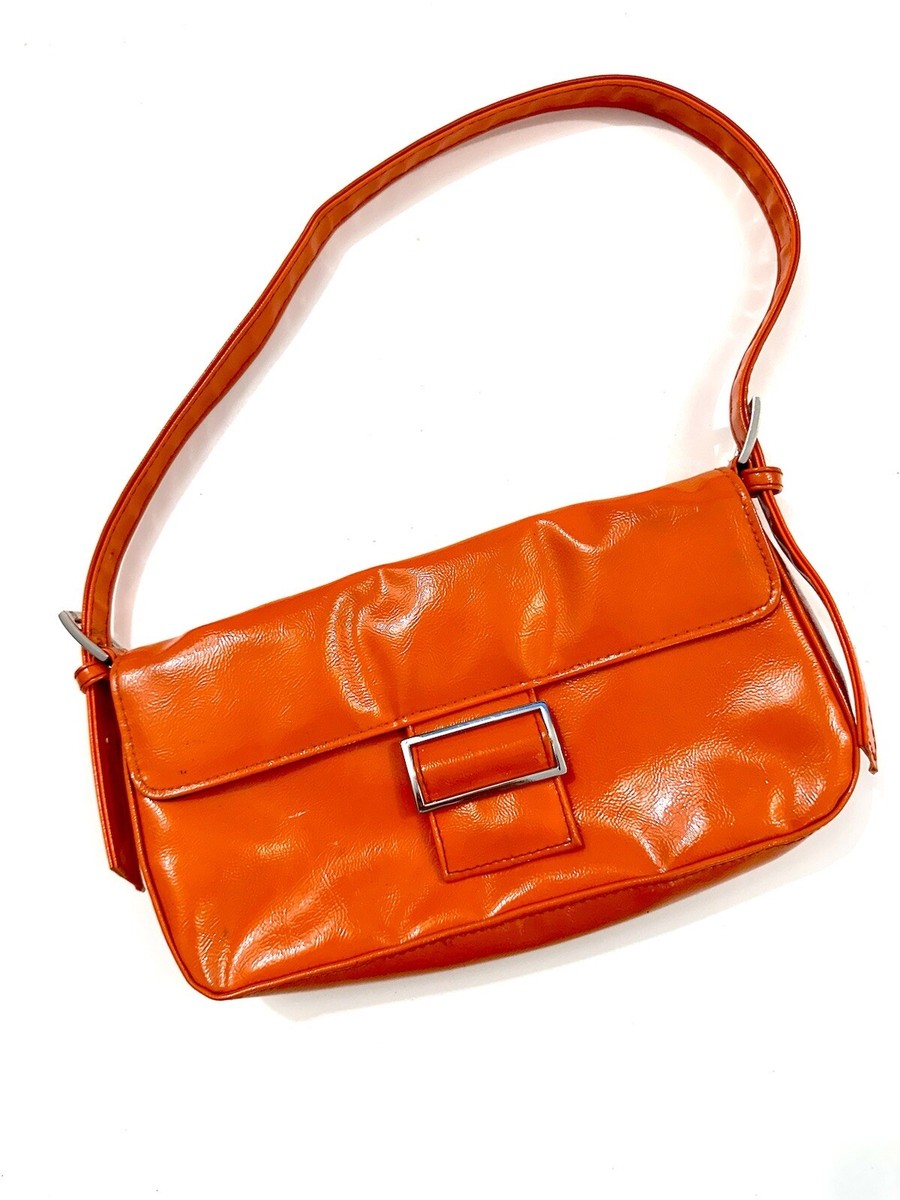 Vintage Y2K Shoulder Bag Orange Faux Patent Leather Slim Vintage Y2K Shoulder Bag Orange Faux Patent Leather Slim